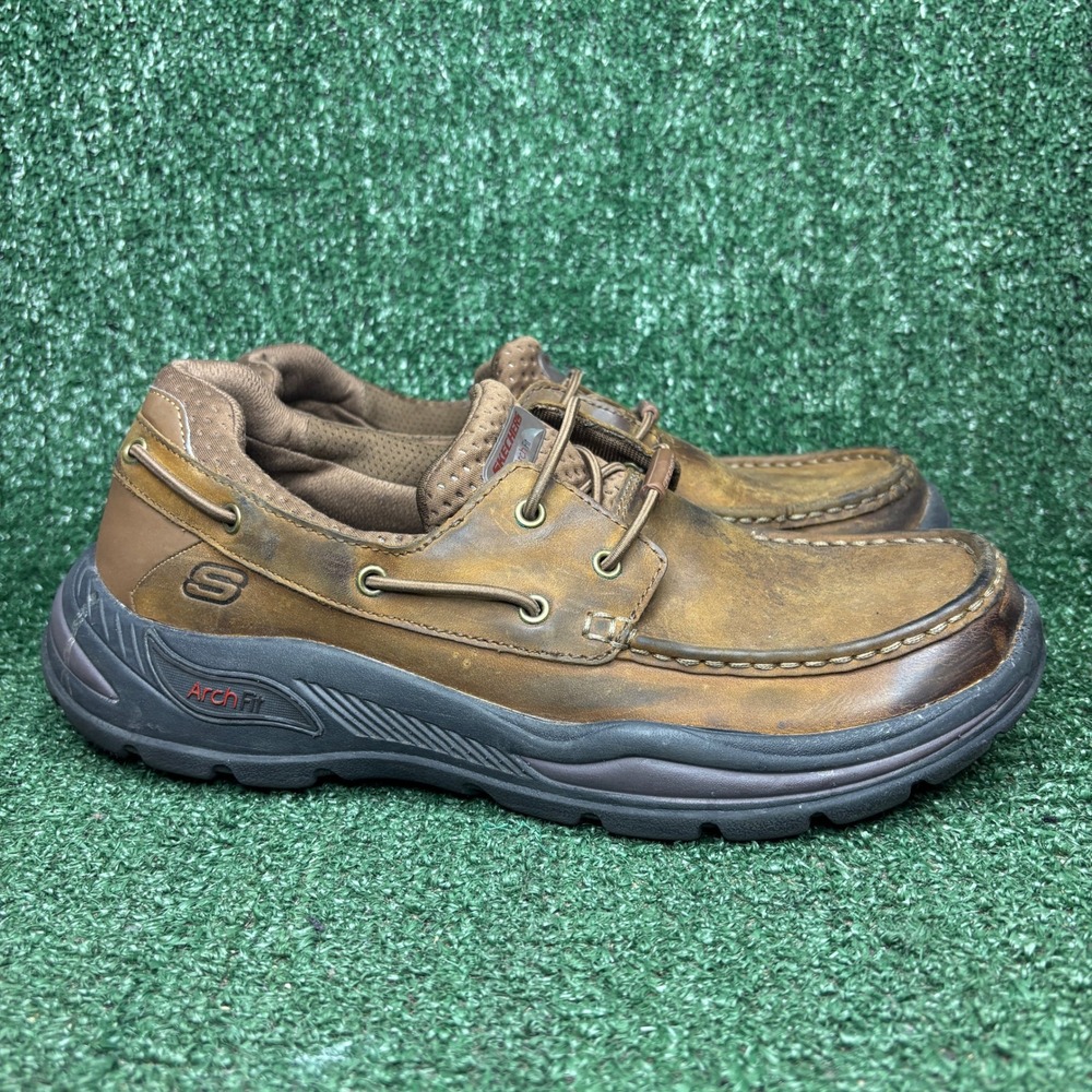 Skechers Arch Fit Motley Hust Boat Shoes Leather Casual Loafers Brown Mens 10.5